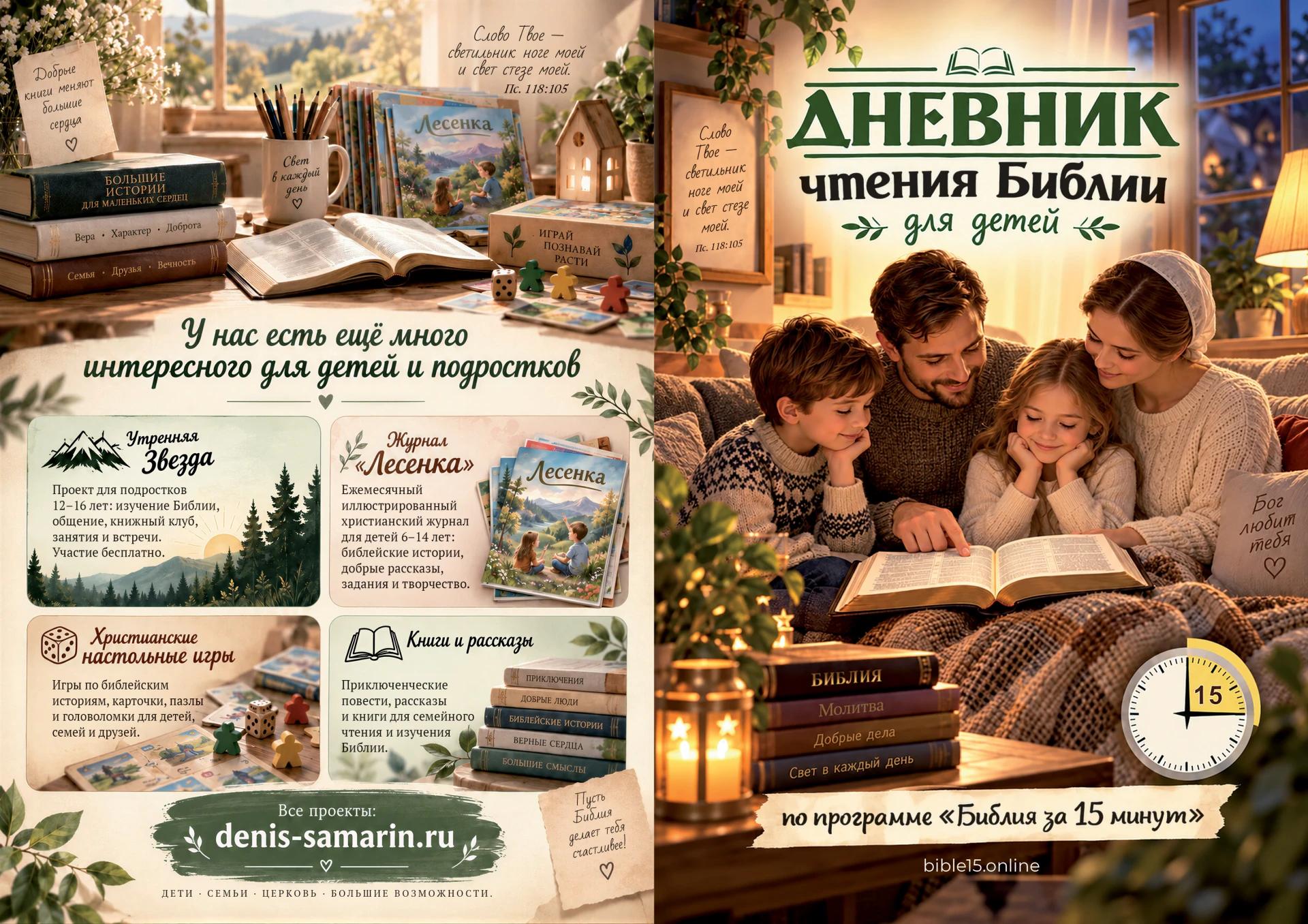 Лицевая обложка дневника чтения Библии для детей: семья за чтением Библии